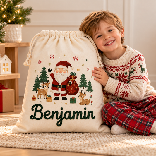 Little Teekie Personalised Canvas Santa Sack | Santa & Reindeer Print, Rope Embroidery – Cream