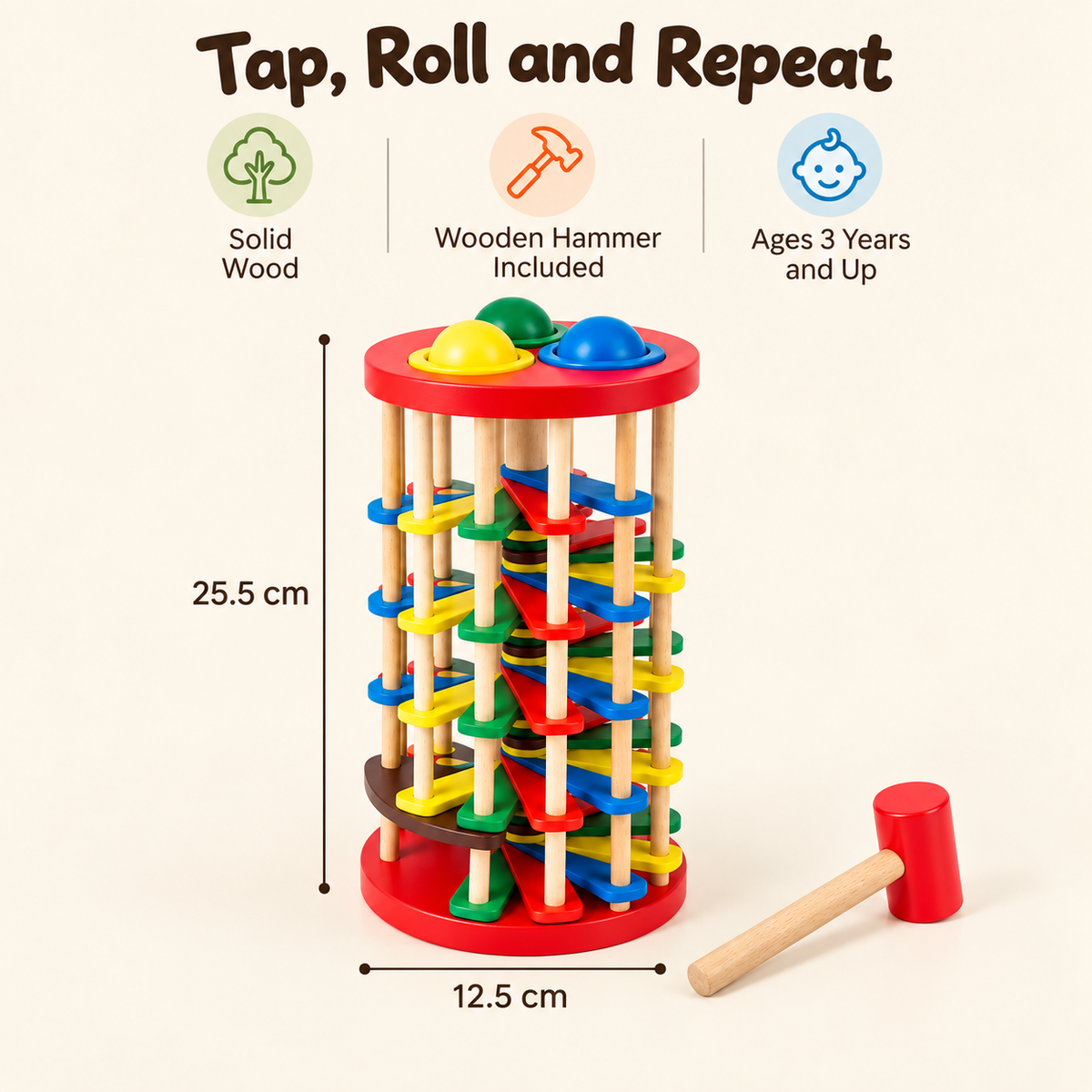 Little Teekie Wooden Tap and Roll Ball Tower | Rainbow Hammer and Ball Run Toy – Rainbow