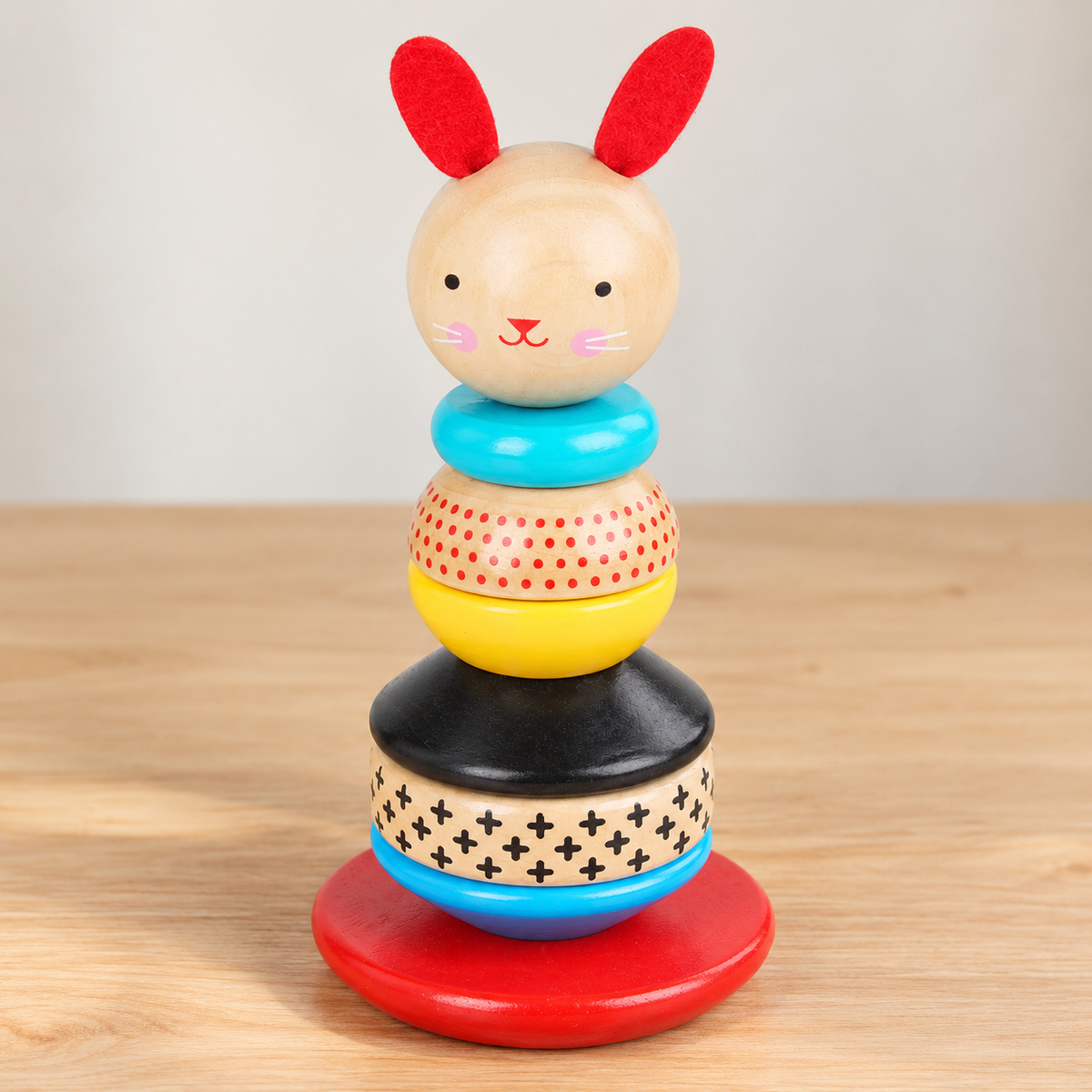 Little Teekie Personalised Bunny Stacker Toy | Wooden Stacking Rings with Engraved Name – Red