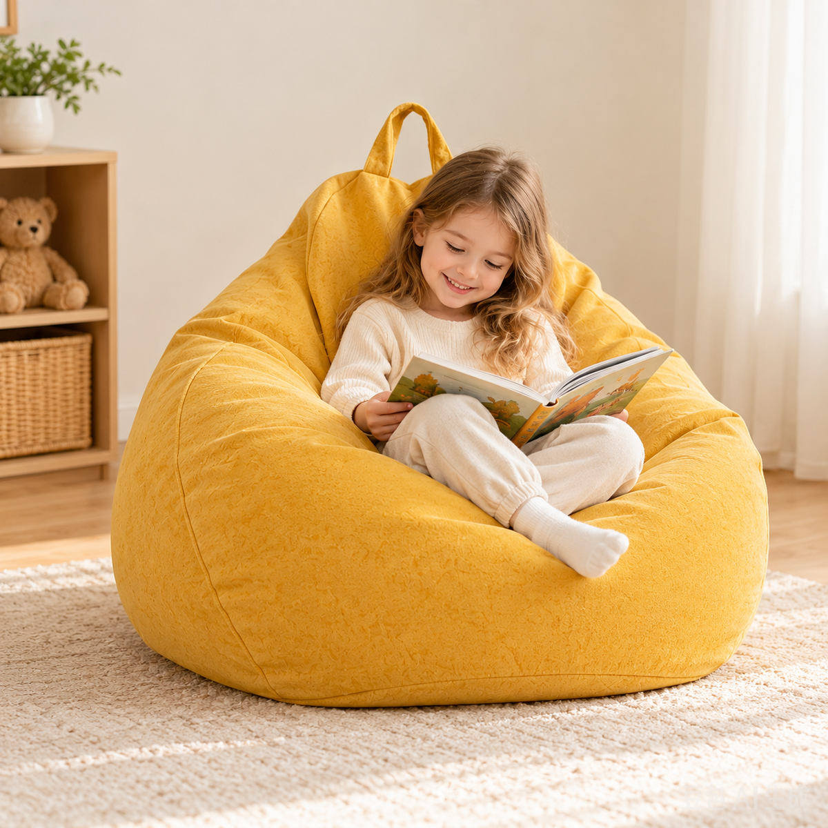 Little Teekie Teddy Boucle Kids Bean Bag Chair Cover | 80cm with Carry Handle – Yellow