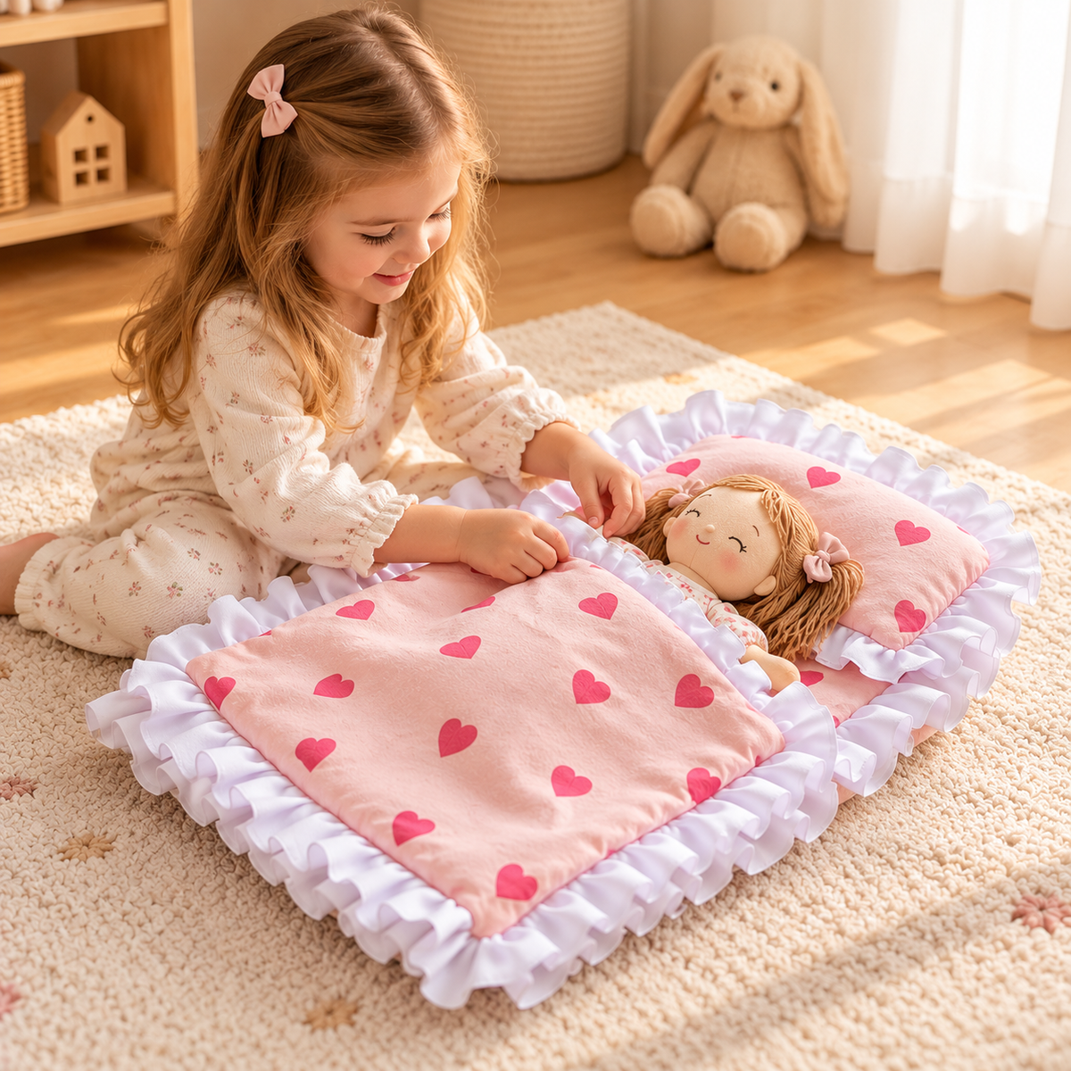 Little Teekie Doll Bedding Set | Quilt and Pillow, Fits 40cm Dolls - Heart Style