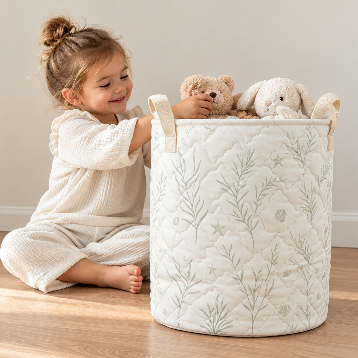 Little Teekie Kids Storage Basket | Soft Toy & Nursery Organiser – White with Sage Print