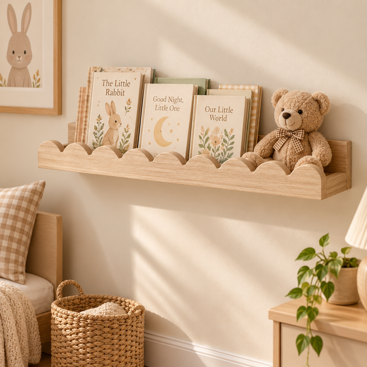 Little Teekie Scalloped Floating Wall Shelf | 58x 11 x 4 cm Plywood – Natural Wood