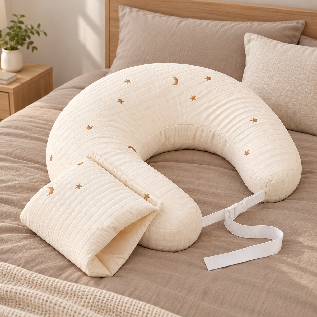 Little Teekie Organic Cotton Feeding Pillow | Soft Nursing Support, Star & Moon Print - Brown