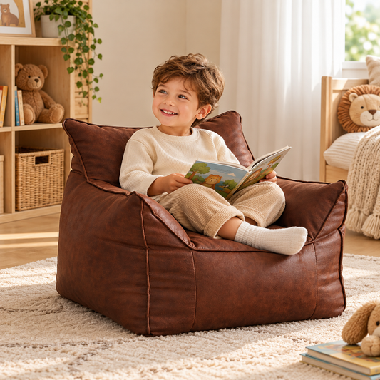 Little Teekie Kids Bean Bag Lounger Cover | Vegan Leather 80x80x70cm – Brown