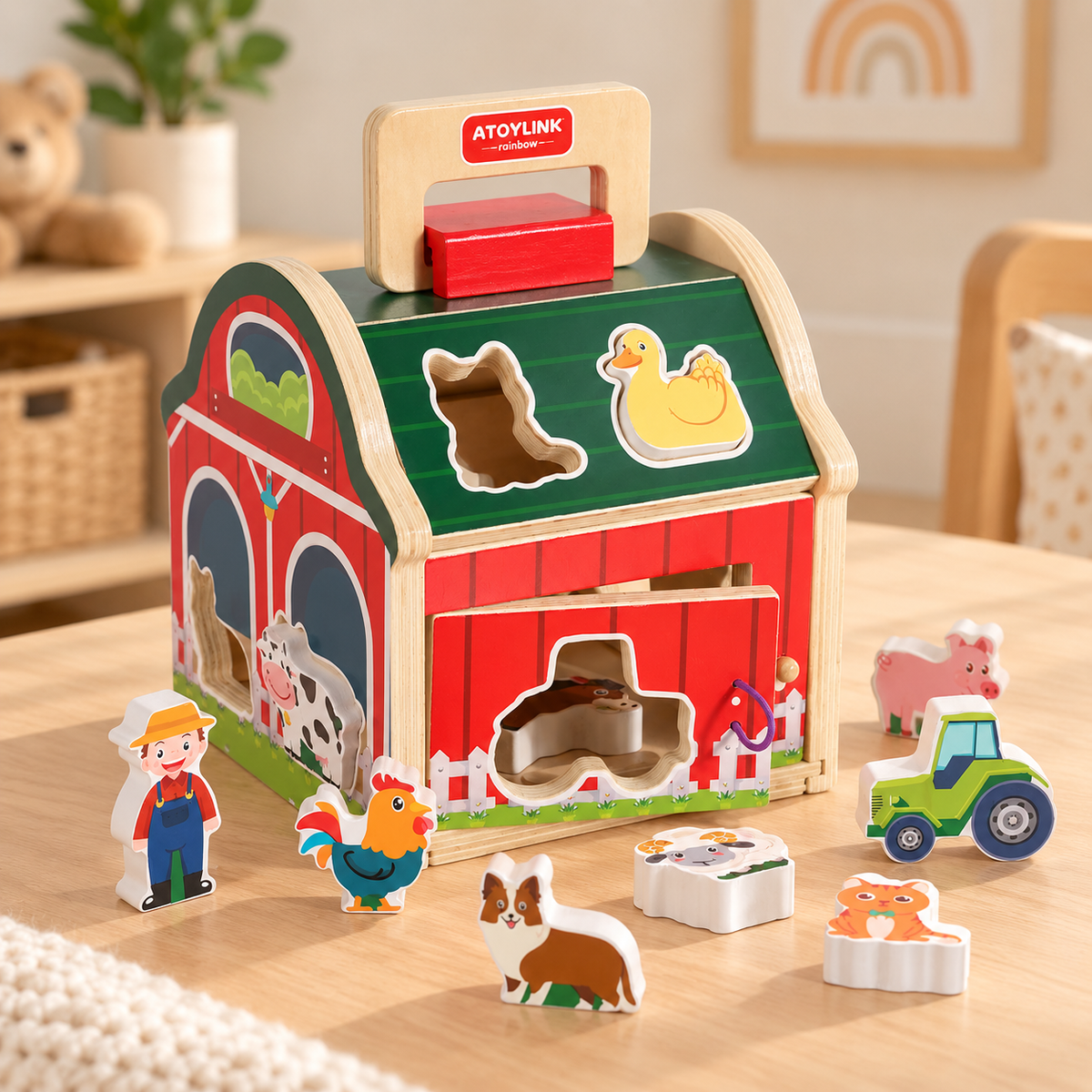 Little Teekie Personalised Wooden Farmhouse Shape Sorter | Custom Name Learning Toy - Red