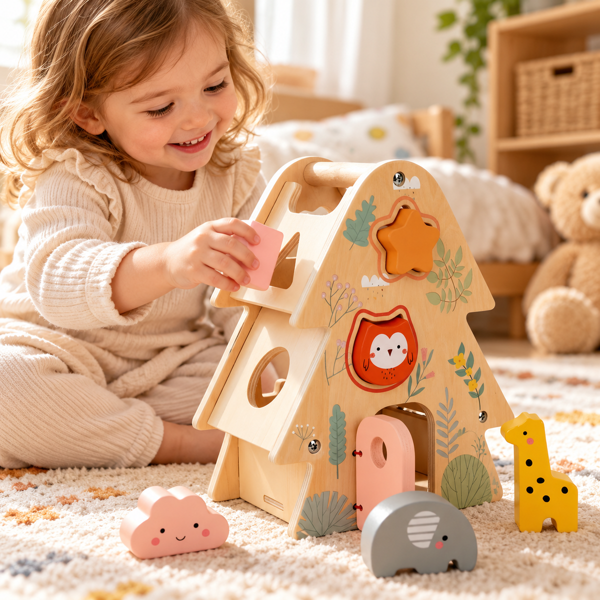Little Teekie Personalised Tree Shape Sorter | Wooden Sorting Toy with Name - Colourful Animal Shapes