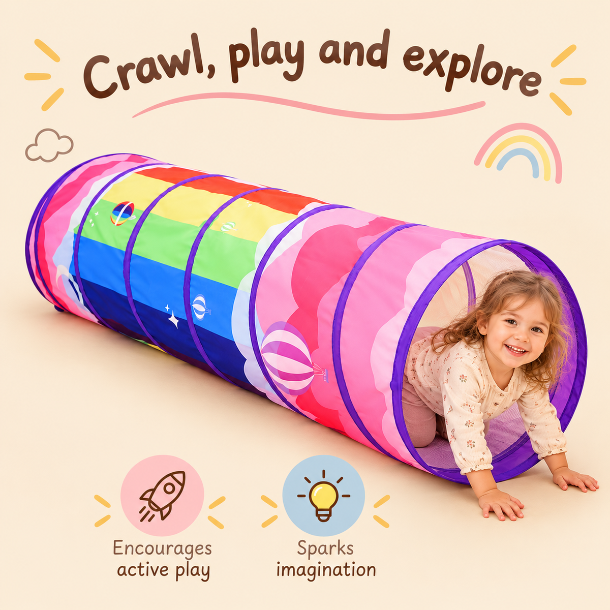 Little Teekie Reversible Play Tunnel | OEKO-TEX Cotton Canvas, Foldable – Rainbow Hot Air Balloon