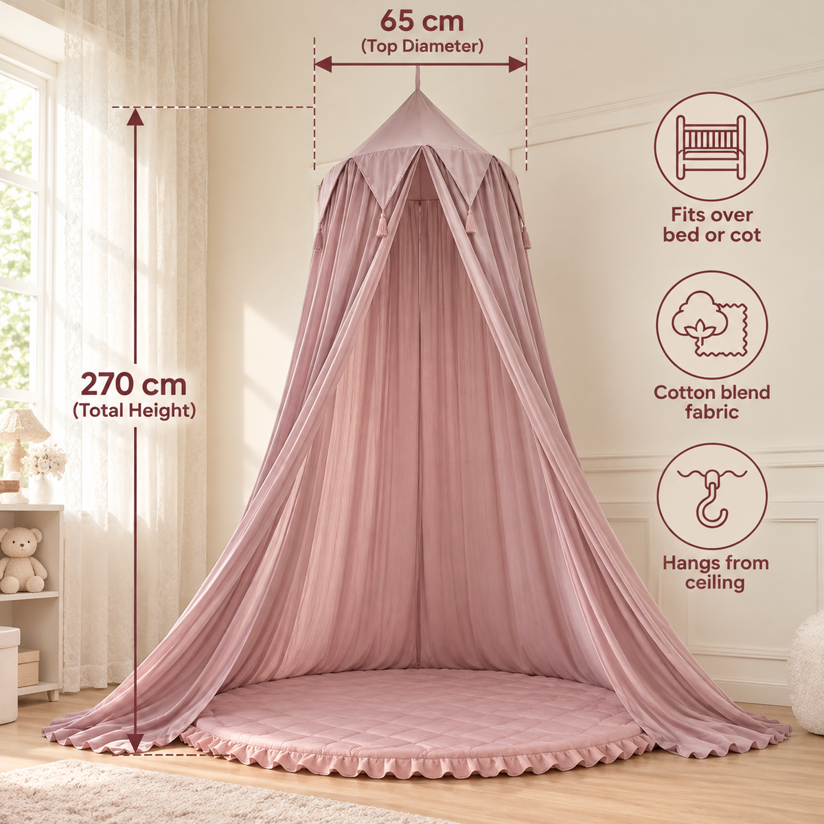 Little Teekie Sheer Bed Canopy | Hanging Cot & Kids Bed Canopy – Dusty Mauve