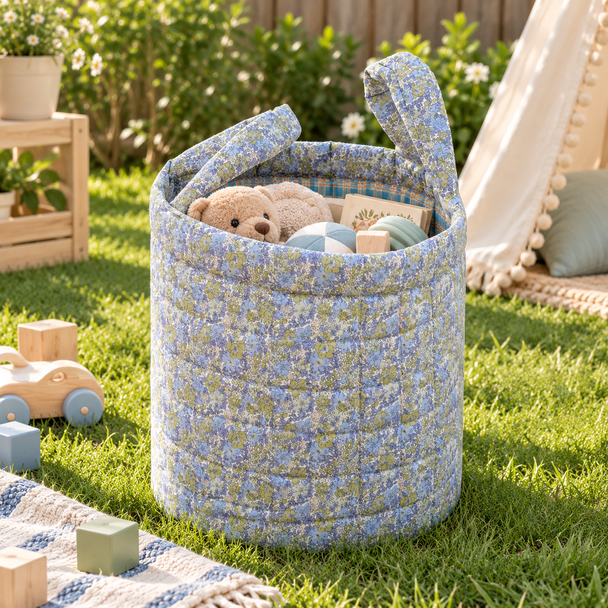 Little Teekie Large Storage Basket | Fairy Floral Nursery Toy Basket – Dusty Blue Floral
