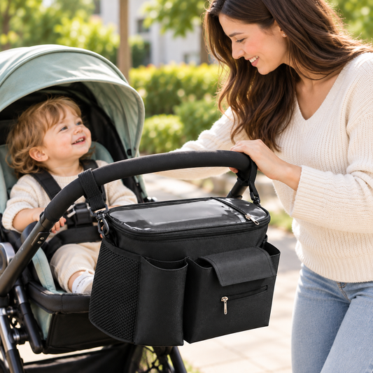 Little Teekie Compact Pram Caddy | Oxford Fabric 30cm with Pram Clips – Black