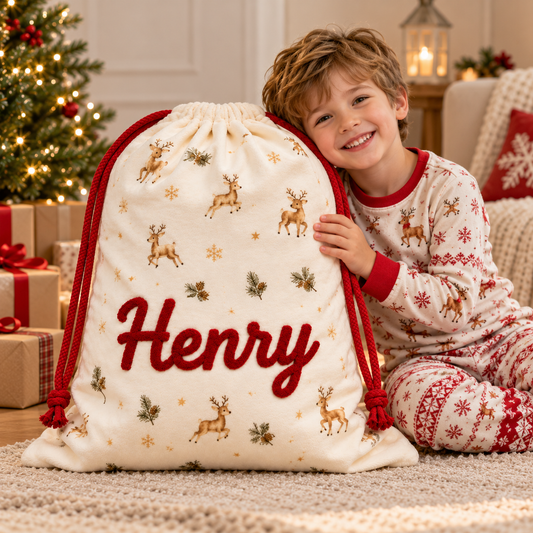 Little Teekie Personalised Canvas Santa Sack | Reindeer & Snowflake Print, Rope Embroidery – Cream