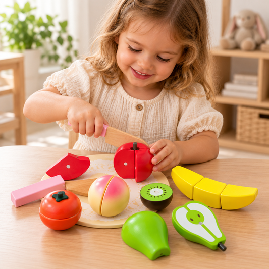 Little Teekie Wooden Play Fruit Set | 6 Fruits, Chopping Board, Carry Bag
