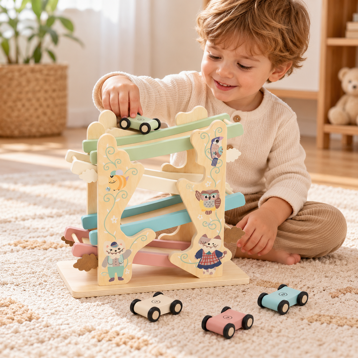 Little Teekie Personalised Wooden Car Race Track Toy | Name Detail for Kids – Pastel