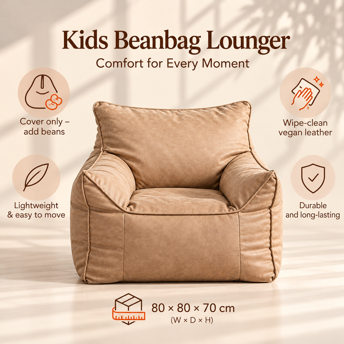 Little Teekie Kids Bean Bag Lounger Cover | Vegan Leather 80x80x70cm – Camel