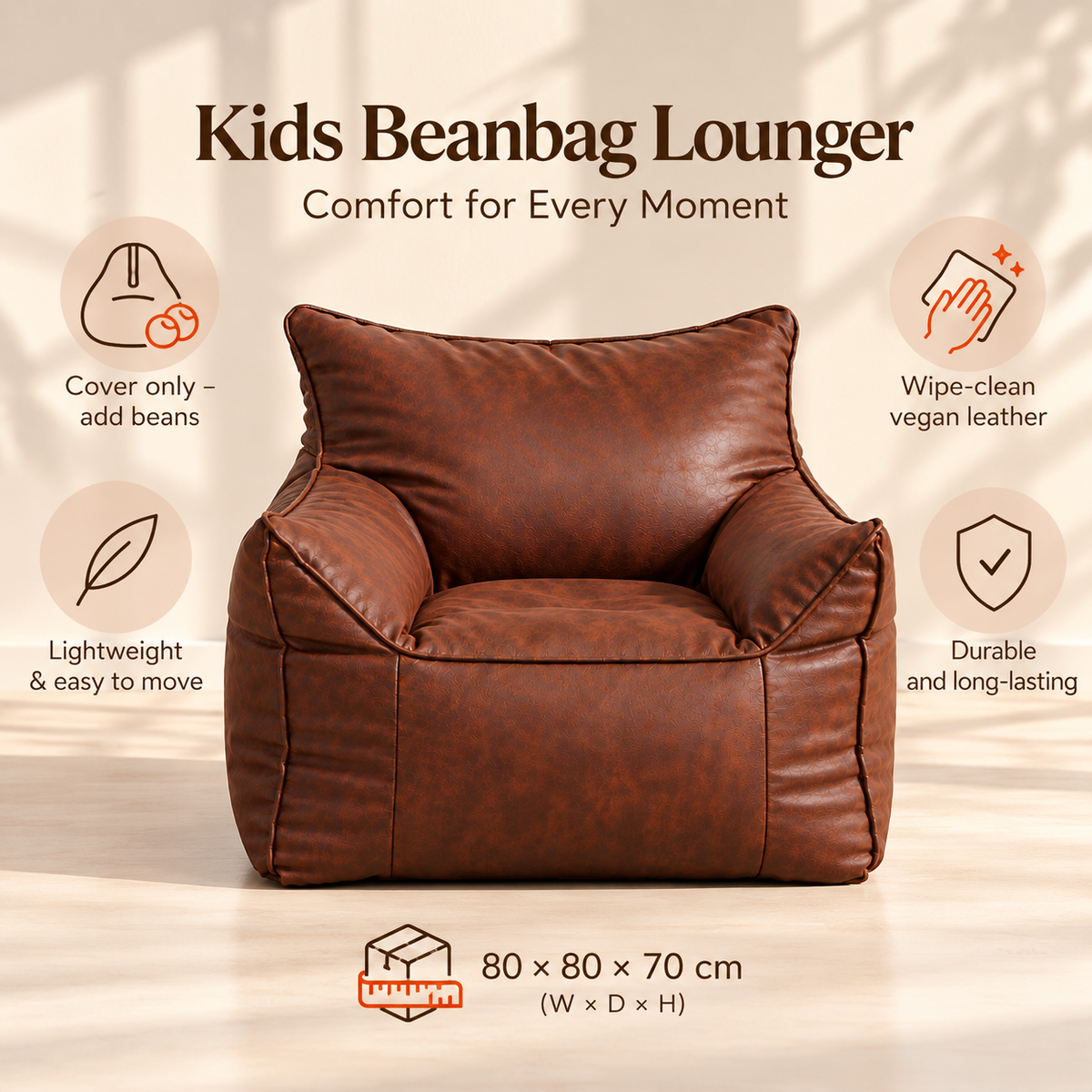 Little Teekie Kids Bean Bag Lounger Cover | Vegan Leather 80x80x70cm – Brown