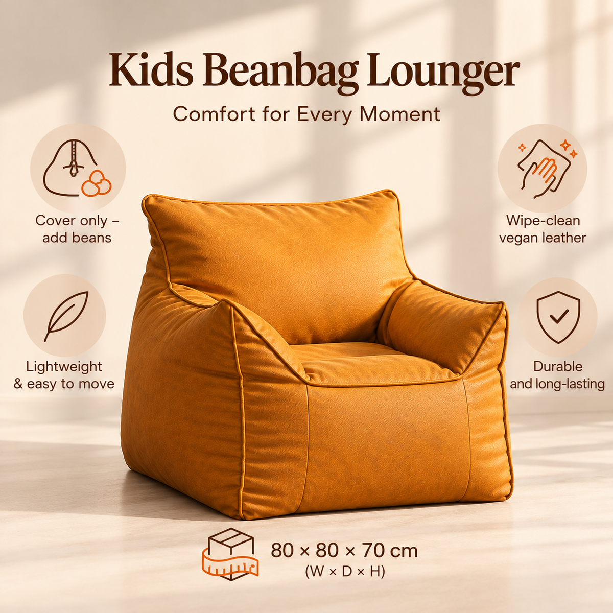 Little Teekie Kids Bean Bag Lounger Cover | Vegan Leather 80x80x70cm – Mustard