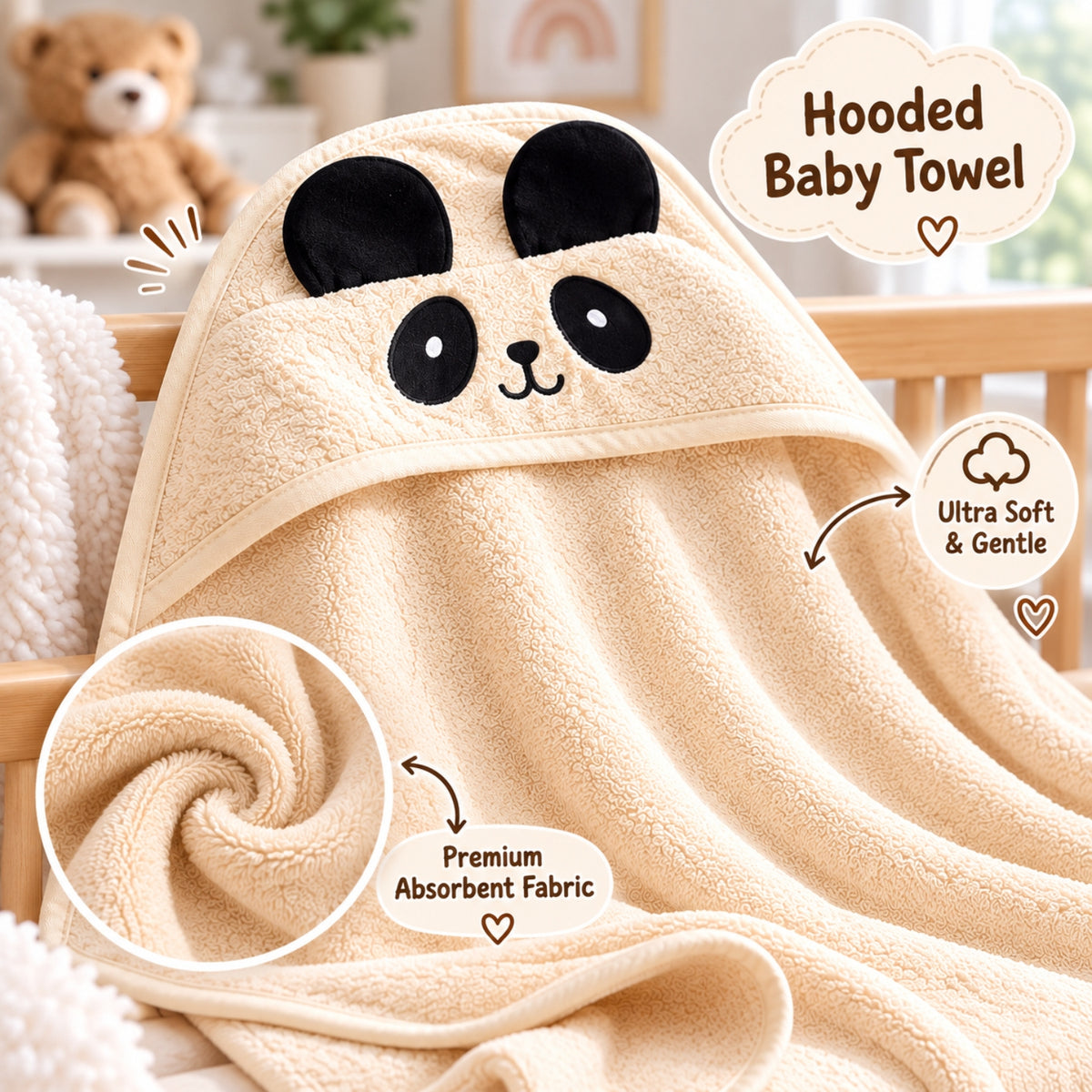 Little Teekie Personalised Hooded Baby Towel | 100% Organic Cotton with Embroidered Name – Natural Beige