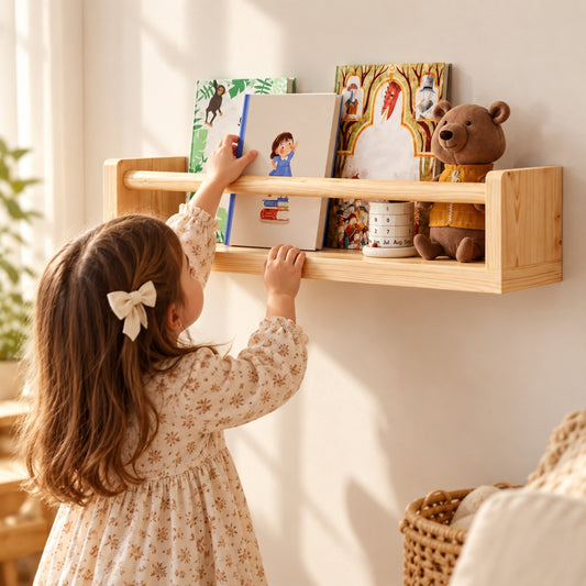 Little Teekie Wooden Wall Shelf | 2-Way Kids Room Shelf & Clothes Hanging Rail – Natural