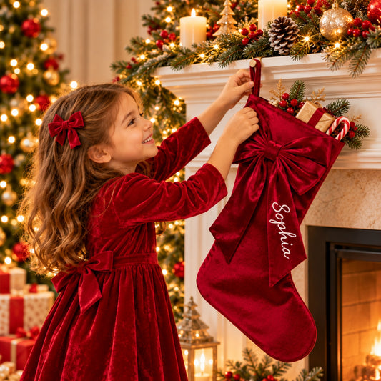 Little Teekie Personalised Velvet Christmas Stocking | Embroidered Name, Bow detail– Red