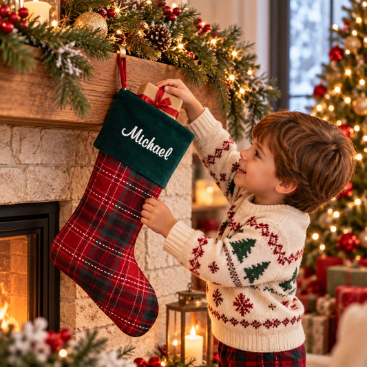 Little Teekie Personalised Checkered Christmas Stocking | Velvet Cuff & Name Embroidery, 36x24cm