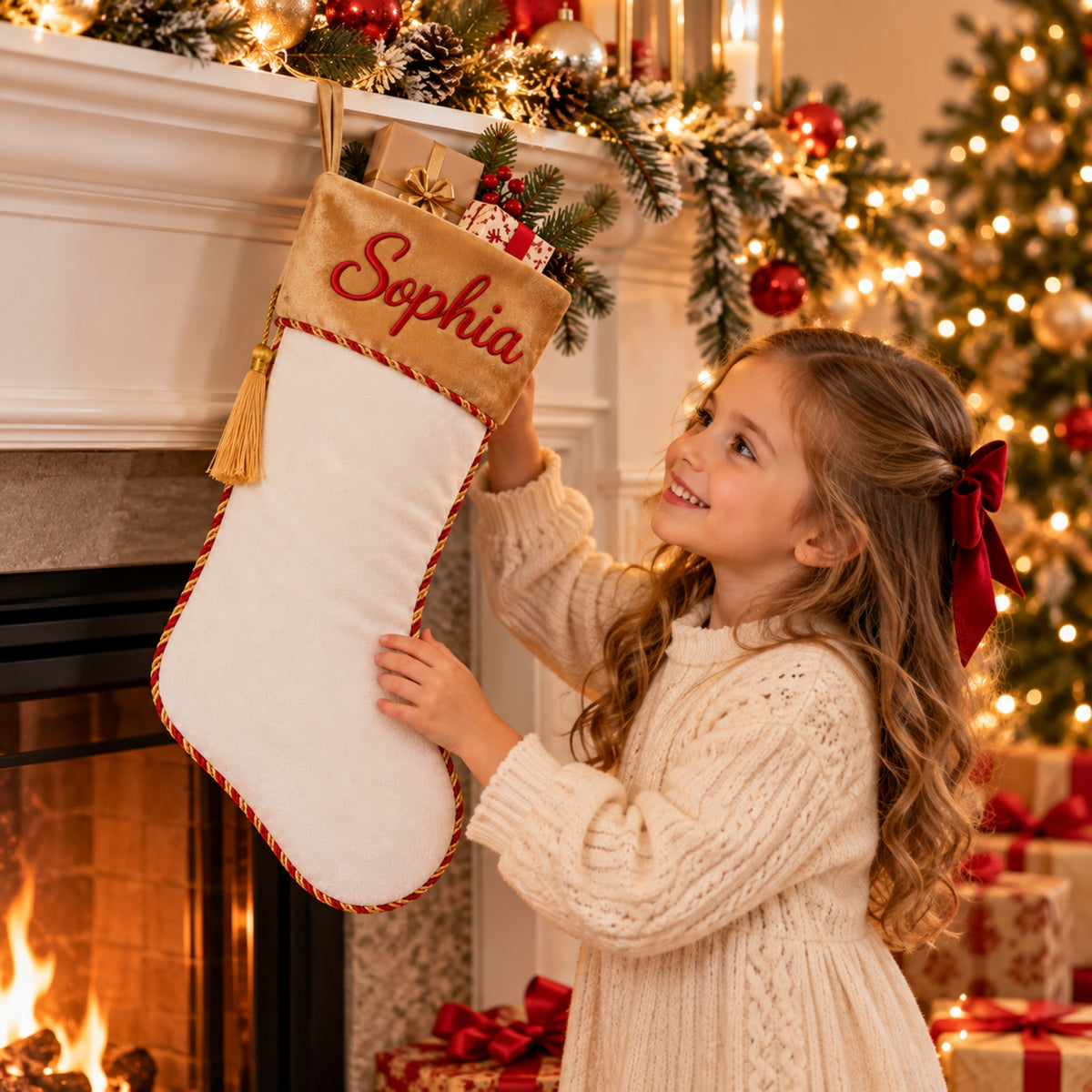 Little Teekie Personalised Velvet Christmas Stocking | Velvet Cuff & Name Embroidery – White