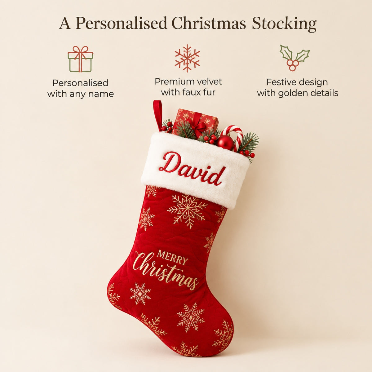 Little Teekie Personalised Christmas Stocking | Embroidered Name, Quilted Velvet with Faux Fur – Red