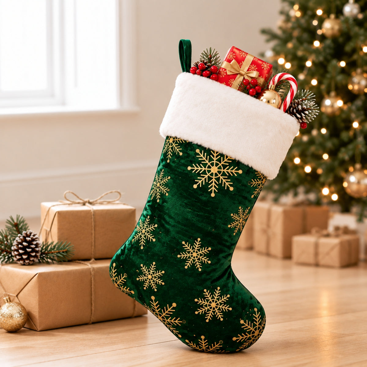 Little Teekie Personalised Christmas Stocking | Embroidered Name, Quilted Velvet with Faux Fur – Green
