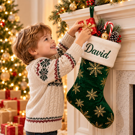Little Teekie Personalised Christmas Stocking | Embroidered Name, Quilted Velvet with Faux Fur – Green