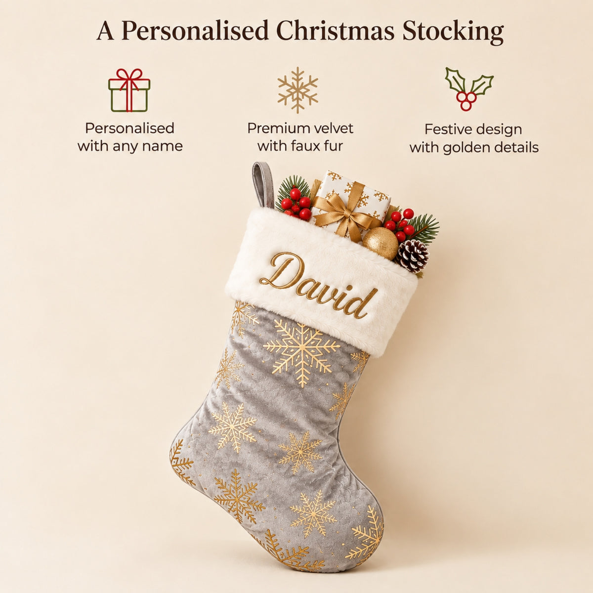Little Teekie Personalised Christmas Stocking | Embroidered Name, Quilted Velvet with Faux Fur – Grey