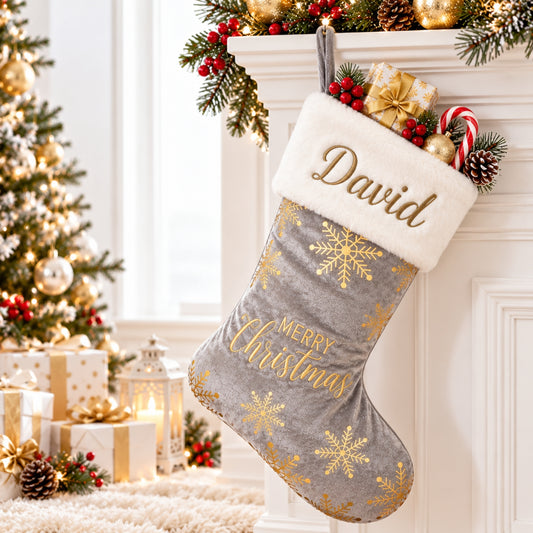 Little Teekie Personalised Christmas Stocking | Embroidered Name, Quilted Velvet with Faux Fur – Grey