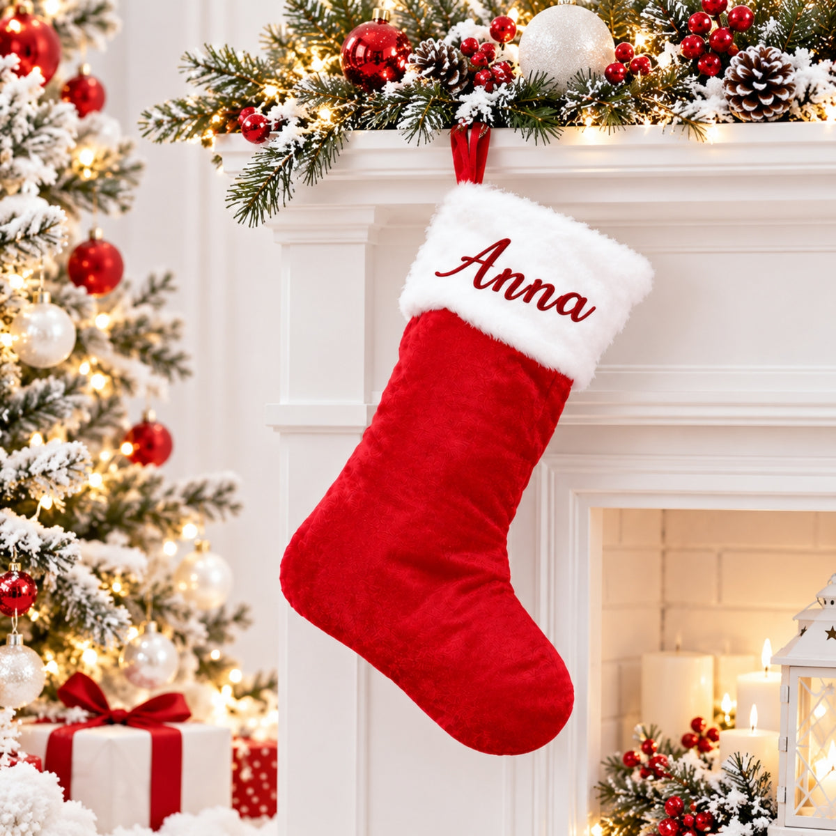 Little Teekie Personalised Velvet Christmas Stocking | Embroidered Name, 46x37cm – Red & White