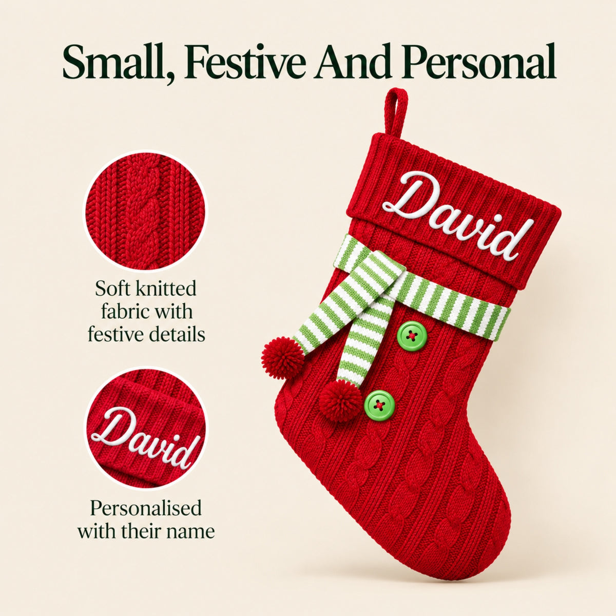 Little Teekie Personalised Knit Christmas Stocking | Embroidered Name – Red