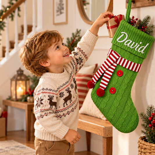 Little Teekie Personalised Knit Christmas Stocking | Embroidered Name – Green
