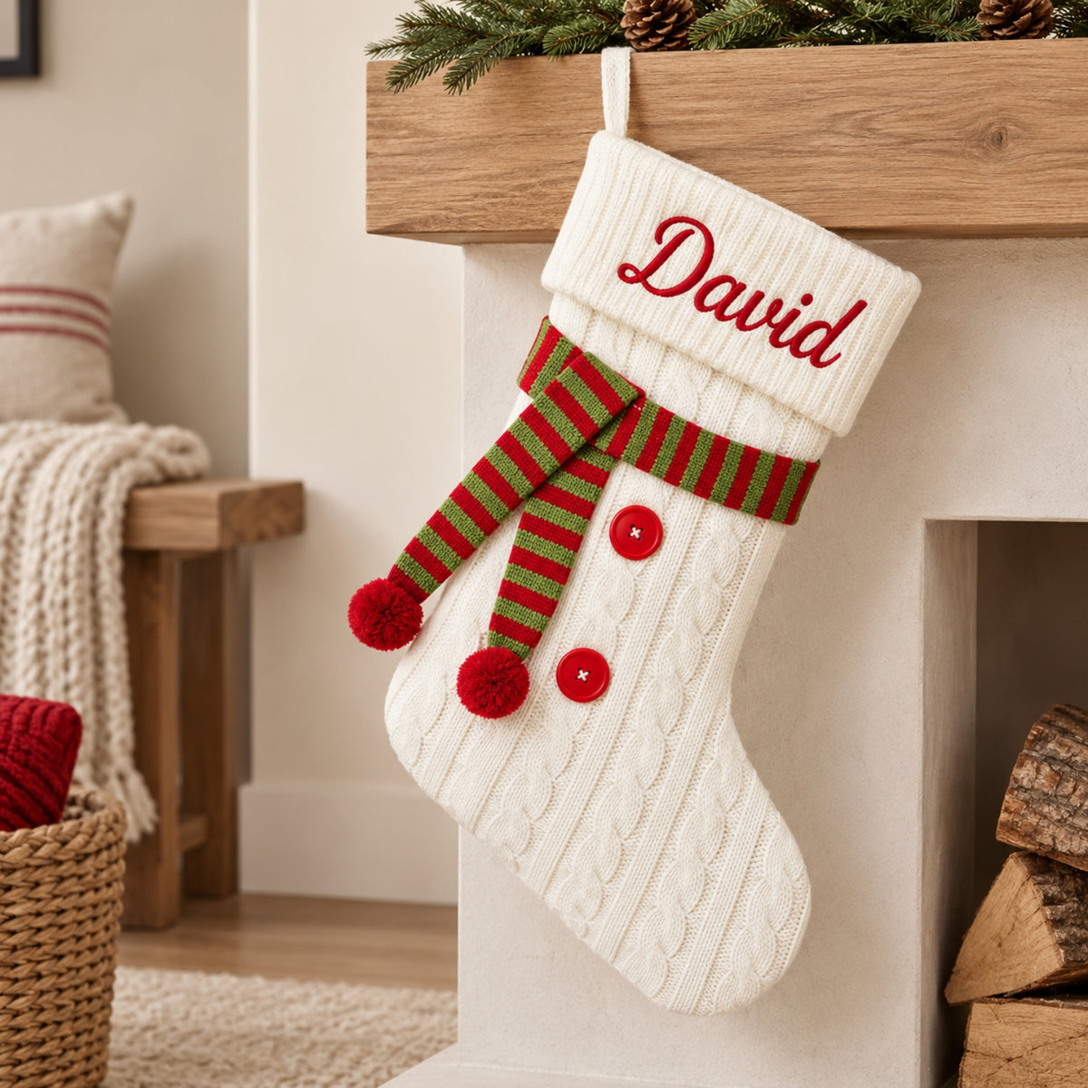 Little Teekie Personalised Knit Christmas Stocking | Embroidered Name – White