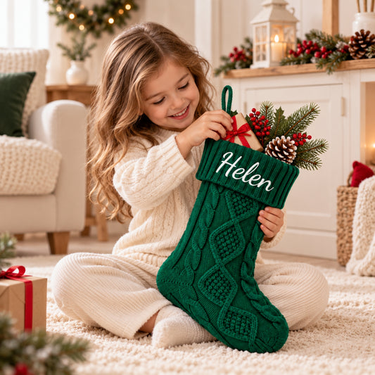 Little Teekie Personalised Knit Christmas Stocking | Embroidered Name, 45x21cm – Green