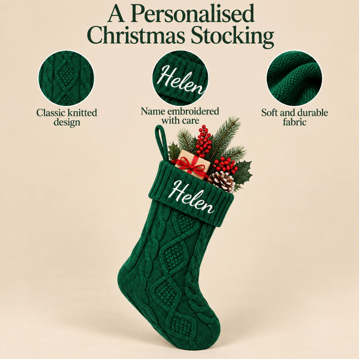 Little Teekie Personalised Knit Christmas Stocking | Embroidered Name, 45x21cm – Green