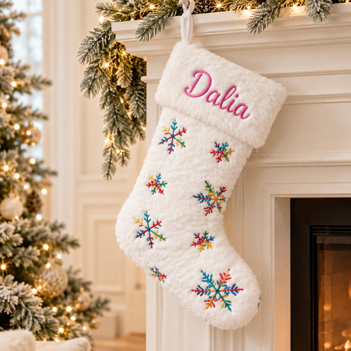 Little Teekie Personalised Christmas Stocking | Snowflake Embroidery with Faux Fur Cuff - Multicolor