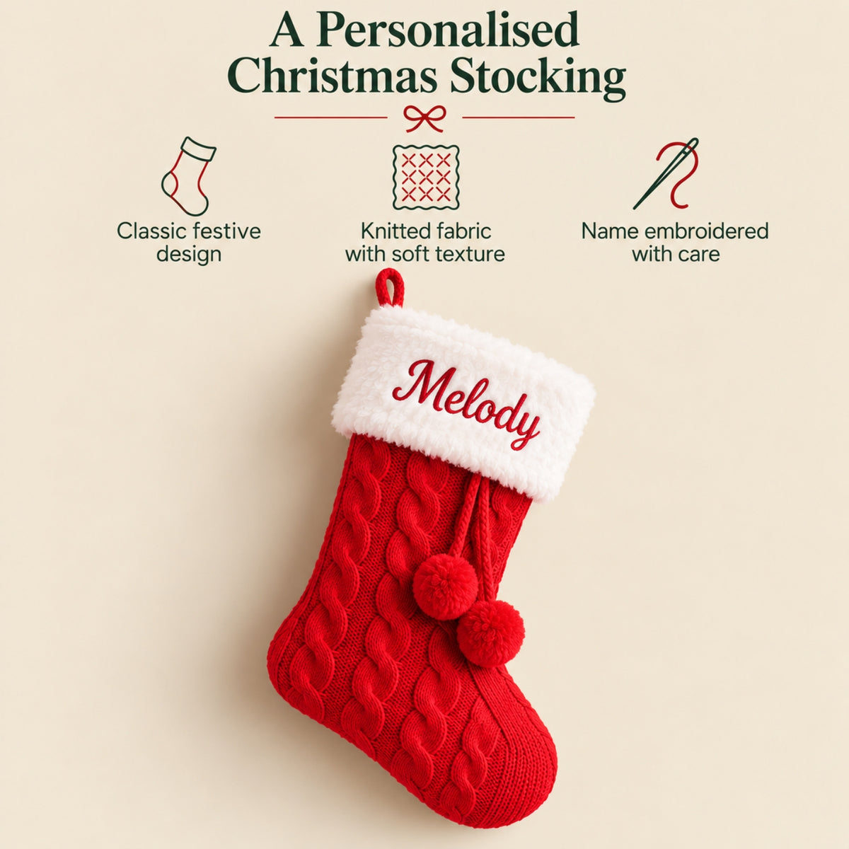 Little Teekie Personalised Knit Christmas Stocking | Embroidered Name, Pom Pom – Red