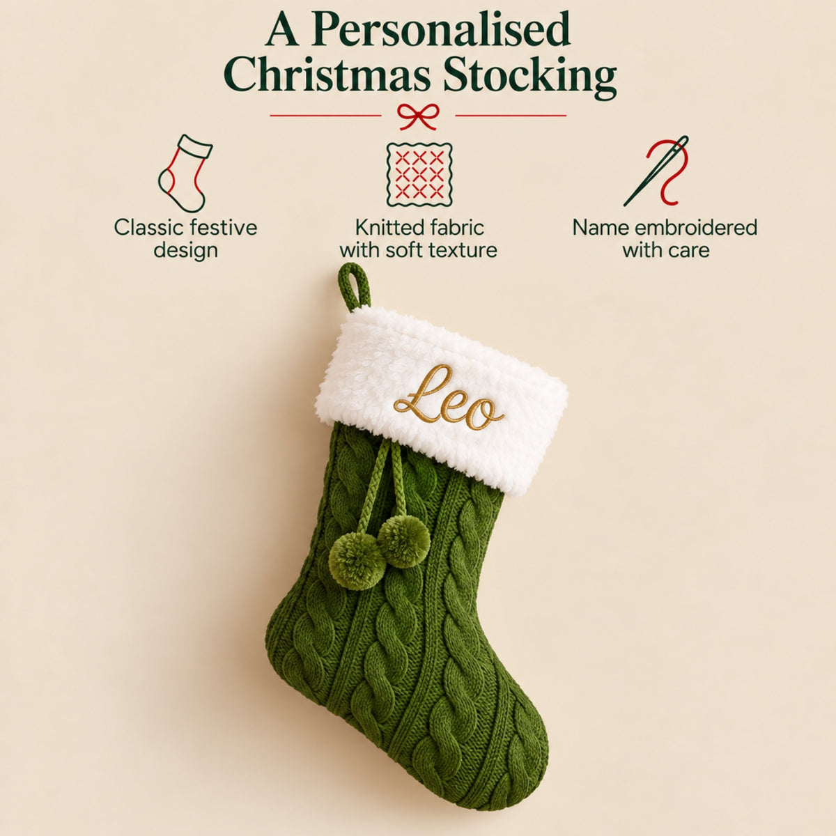 Little Teekie Personalised Knit Christmas Stocking | Embroidered Name, Pom Pom – Green