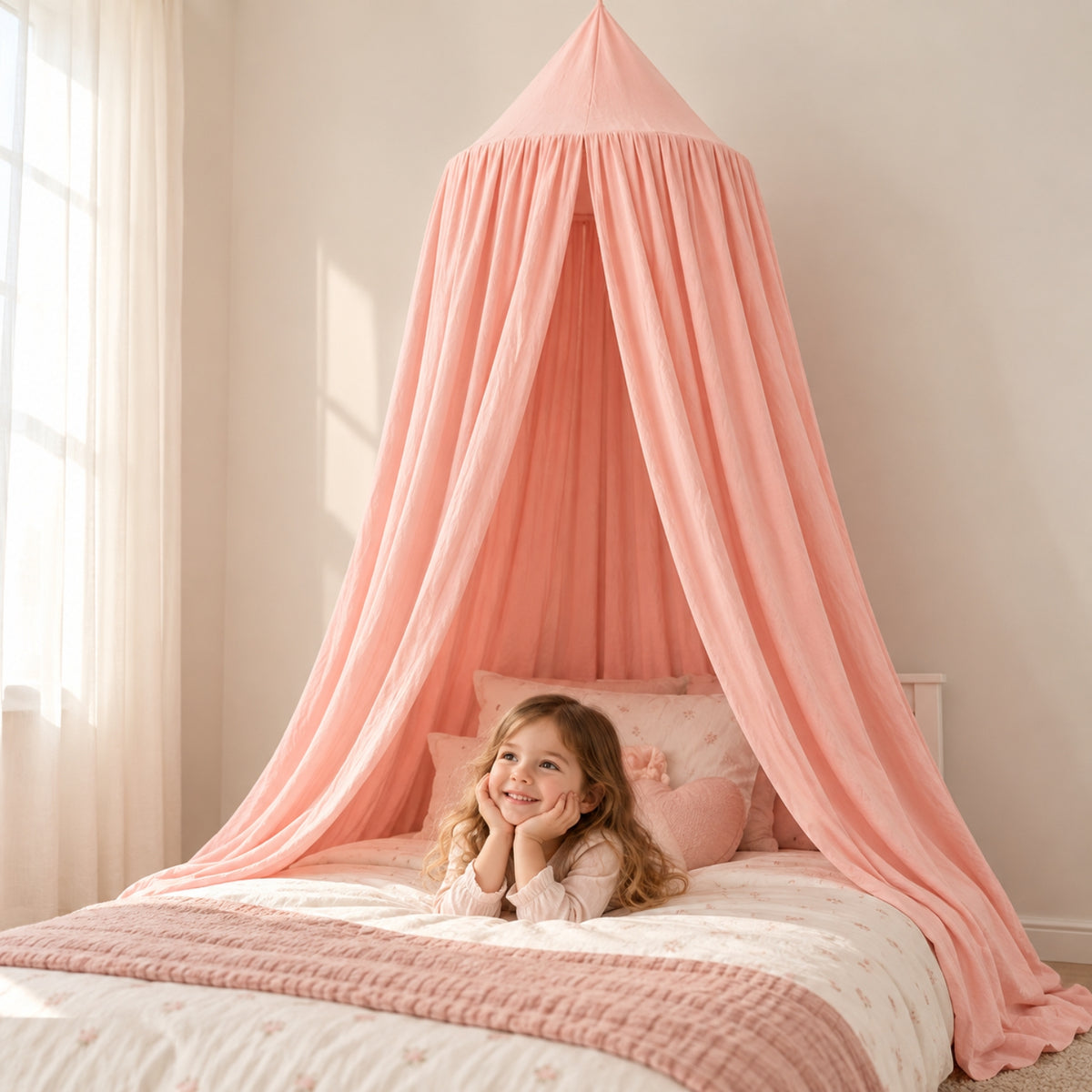 Little Teekie Kids Bed Canopy | Hanging Cot and Bed Canopy or Reading Den, 270 cm – Peach