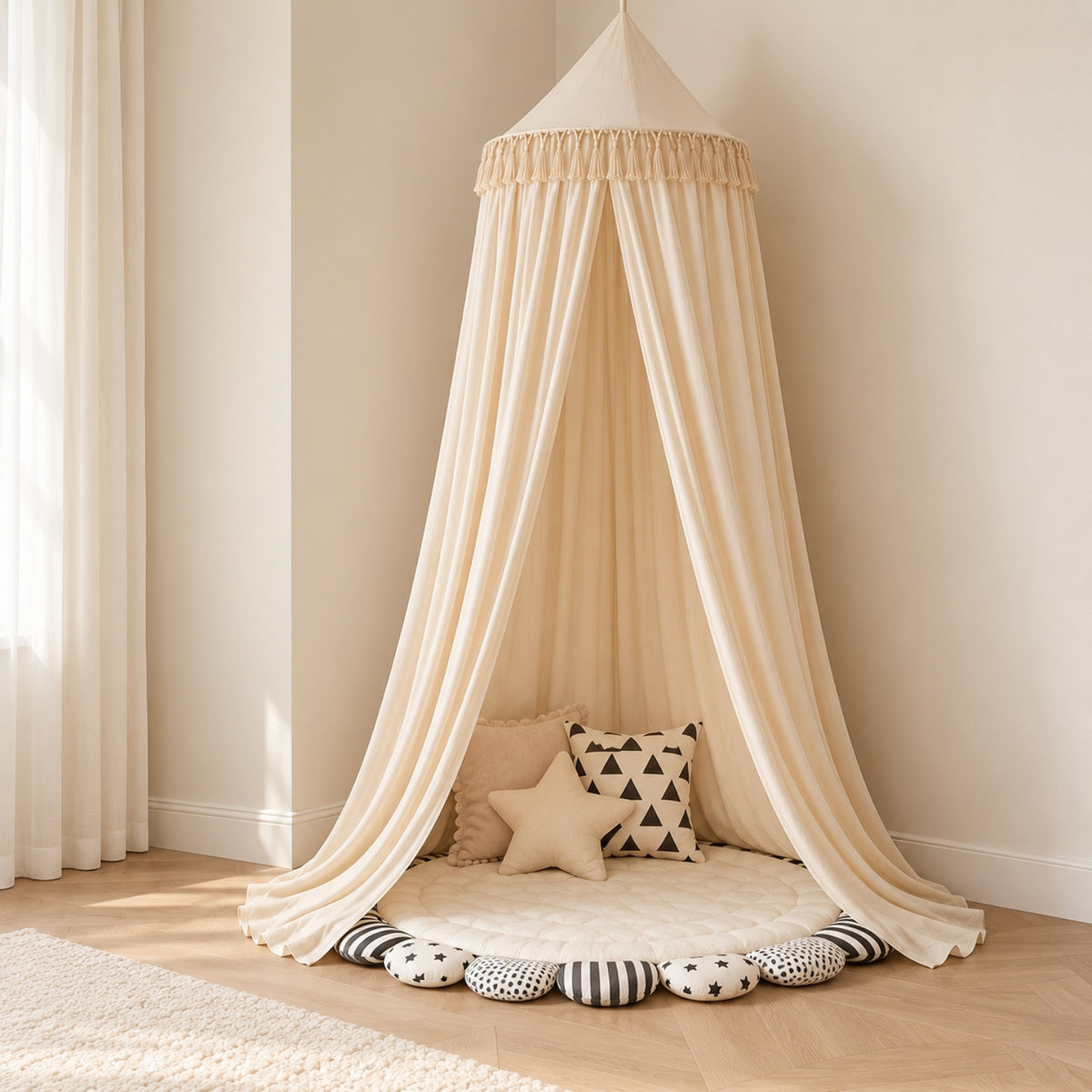 Little Teekie Kids Bed Canopy | Sheer Hanging Canopy for Reading Nook – Warm Cream