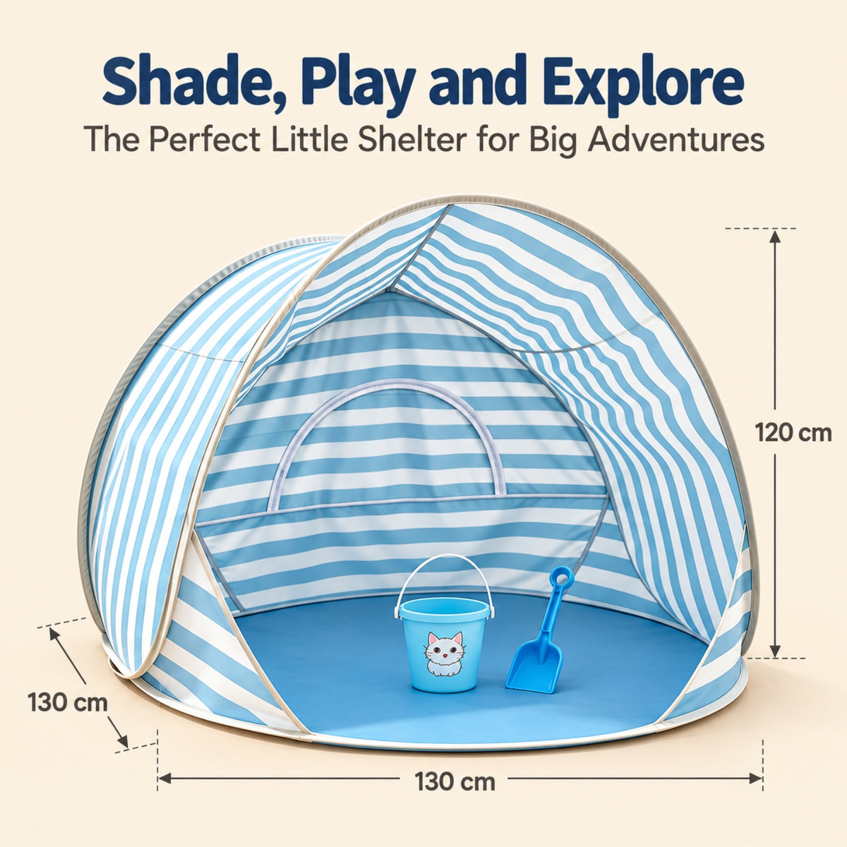Little Teekie Kids Pop-Up Beach Tent & Sand Toy Set | UV-Protective Shade – Blue Stripe
