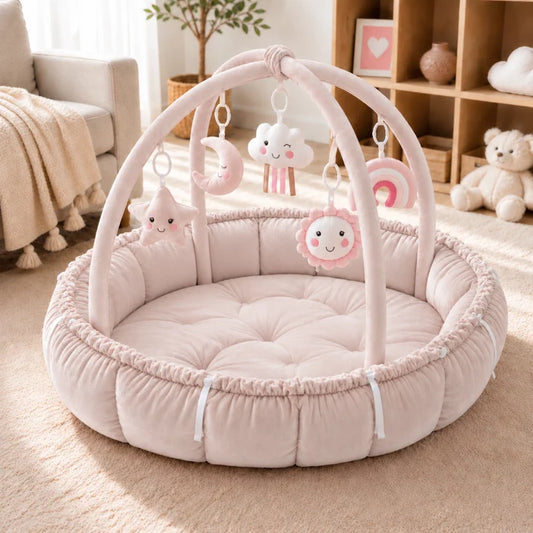 Little Teekie 5-in-1 Plush Baby Play Gym & Activity Mat | 5 Hanging Toys – Pink
