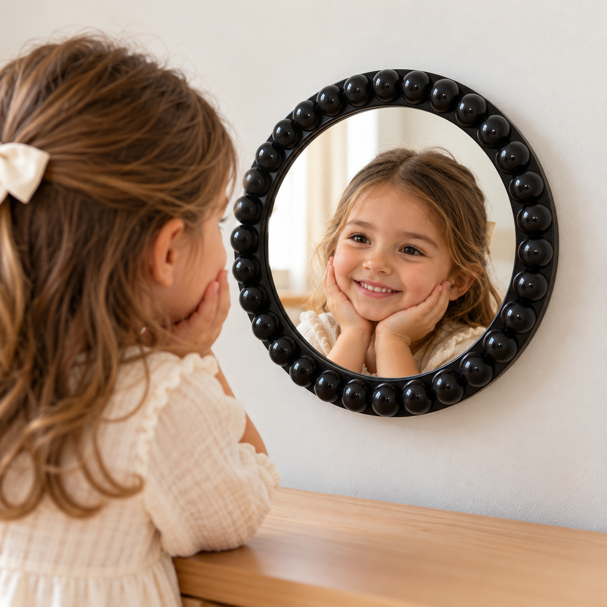 Little Teekie Round Bobbin Mirror | Decorative Kids Room and Nursery Wall Mirror – Black