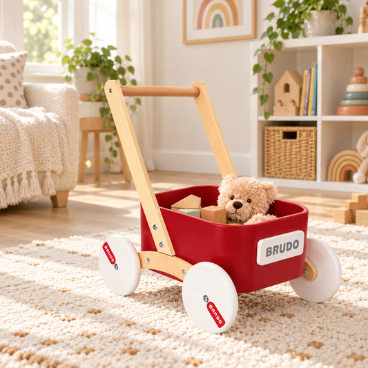 Little Teekie Wooden Baby Walker Wagon | Montessori Push Walker with Toy Tray – Red