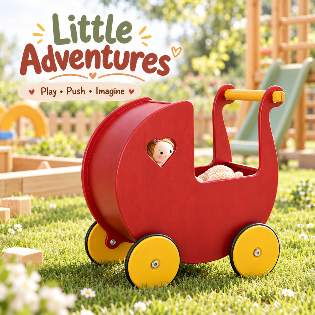 Little Teekie Wooden Doll Pram Walker | 2-in-1 Birch Push Walker and Dolls Pram – Rust Red