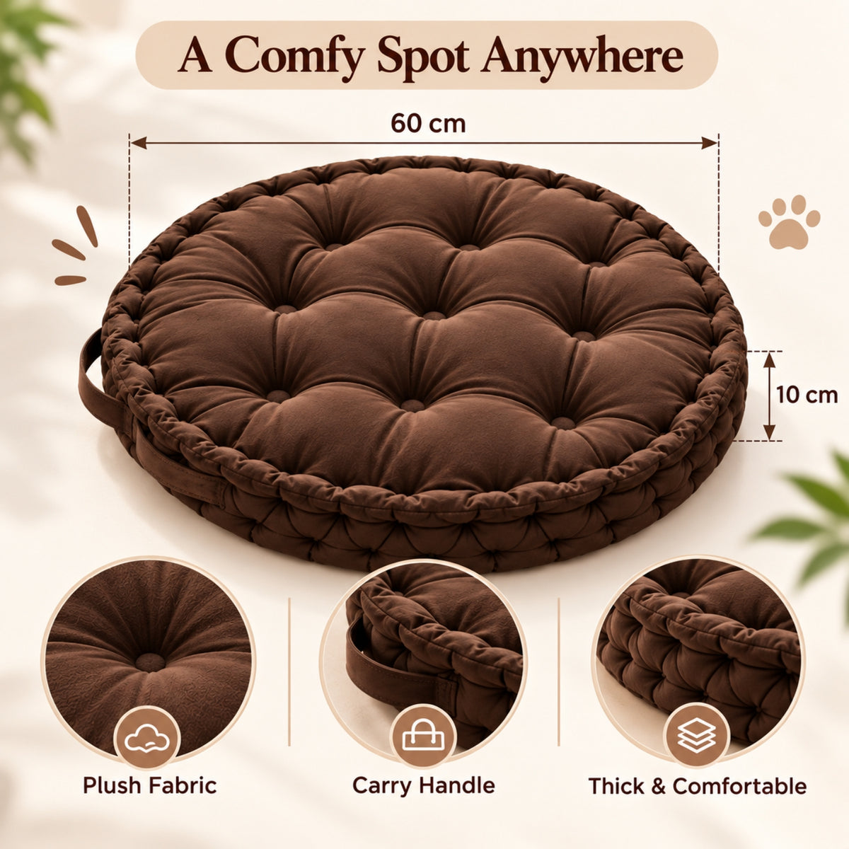 Little Teekie Kids Floor Cushion 60cm | Plush Fabric Reading Nook Cushion – Brown