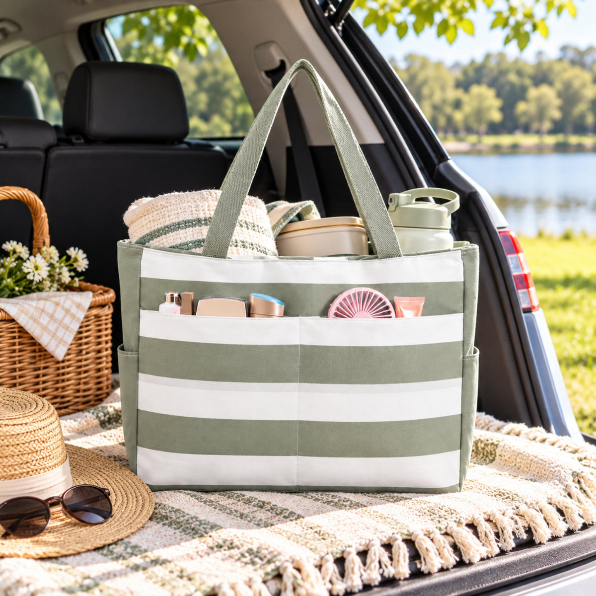 Little Teekie Beach Bag | Recycled Tote, Pairs with Picnic Rugs – Sage Green Stripe