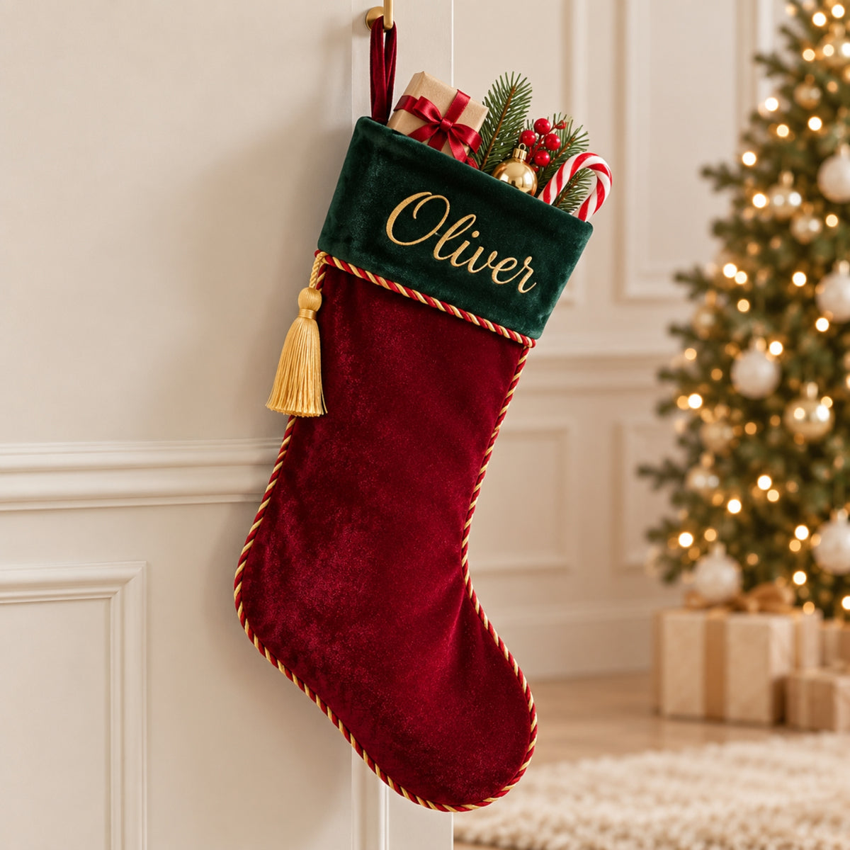Little Teekie Personalised Velvet Christmas Stocking | Velvet Cuff & Name Embroidery – Red